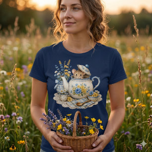 Whimsical Tekanna Mus Cottagecore Blommor T Shirt