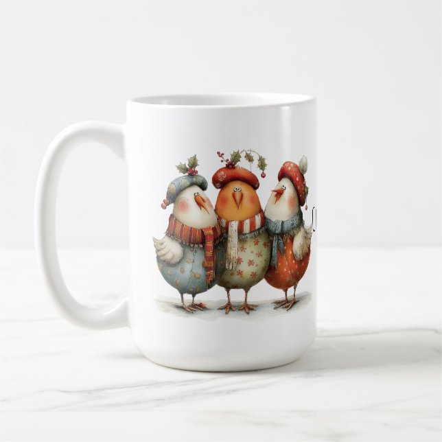 Whimsical Three French Hens 12 Days Christmas 15oz Kaffemugg (Vänster)