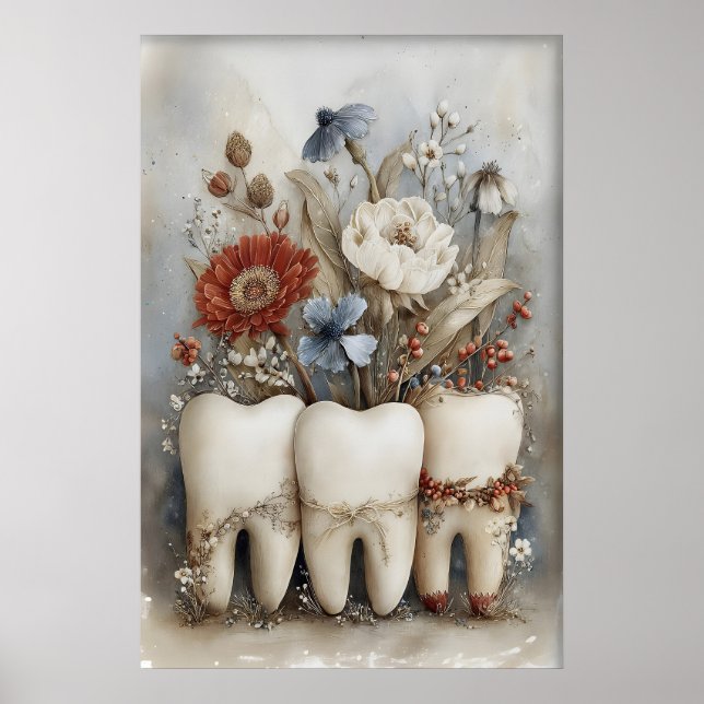 Whimsical Three Teeth Print, Floral Tooth Nursery Poster (Framsidan)