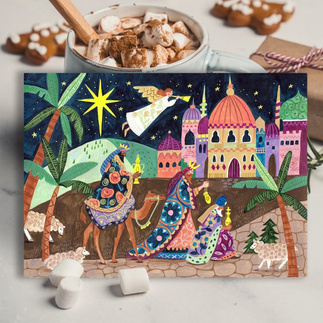 Whimsical Three Wise Men Kings with star and gifts Helg Vykort (Whimsical Three Wise Men Kings with star and gifts Holiday Postcard)
