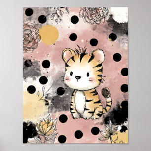 Whimsical Tiger Blommig Akvarell Konst Poster