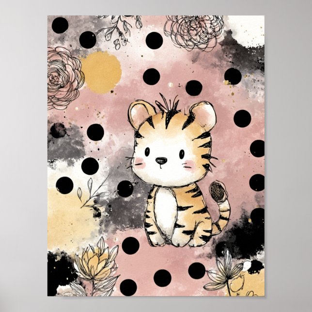 Whimsical Tiger Blommig Akvarell Konst Poster (Framsidan)