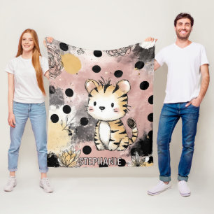 Whimsical Tiger Blommig Akvarellkonst Fleecefilt