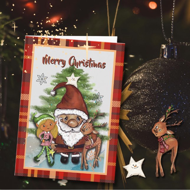 Whimsical Tomte, Hjort & Alv Randig Julkort  Helgkort (Whimsical Santa, Deer & Elf Plaid Christmas Card )