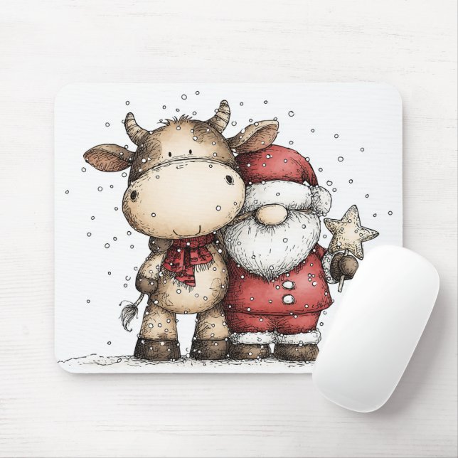 Whimsical Tomte & Moo-Moo Holiday Julglädje Musmatta (Med mus)