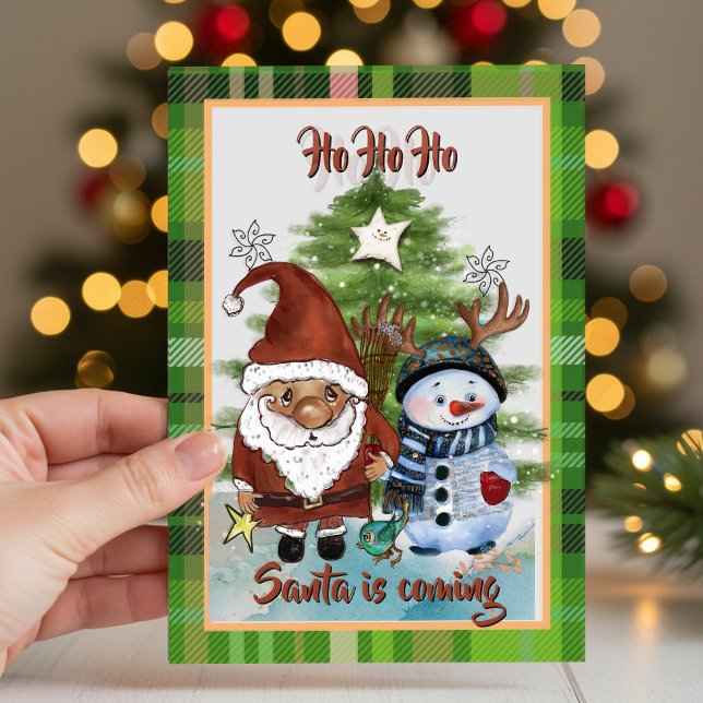 Whimsical Tomte, Ren & Tomte Rutat Julkort Helgkort (Whimsical Santa, Deer & Elf Plaid Christmas Card)