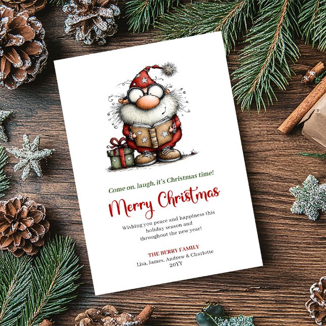 Whimsical Tomte Rolig Minimalist Julhälsning Julkort (Whimsical Santa Funny Minimalist Holiday Greeting)