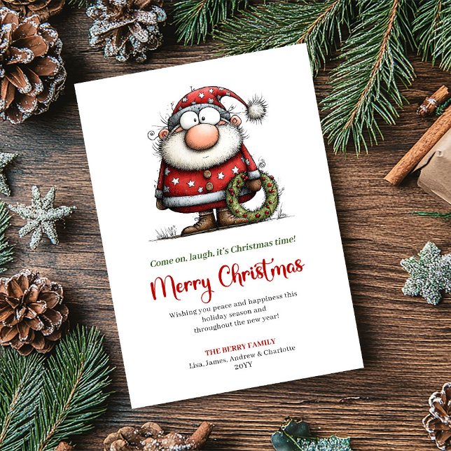 Whimsical Tomte Rolig Röd Grön Högtidlig Hälsning Julkort (Whimsical Santa Funny Red Green Holiday Greeting)