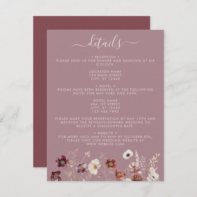 Whimsical torkade höstblommor Mauve Bröllop Tilläggskort (Fram/baksida)
