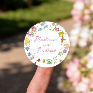 Whimsical Trädgård Vildblomma Bröllop Runt Klistermärke