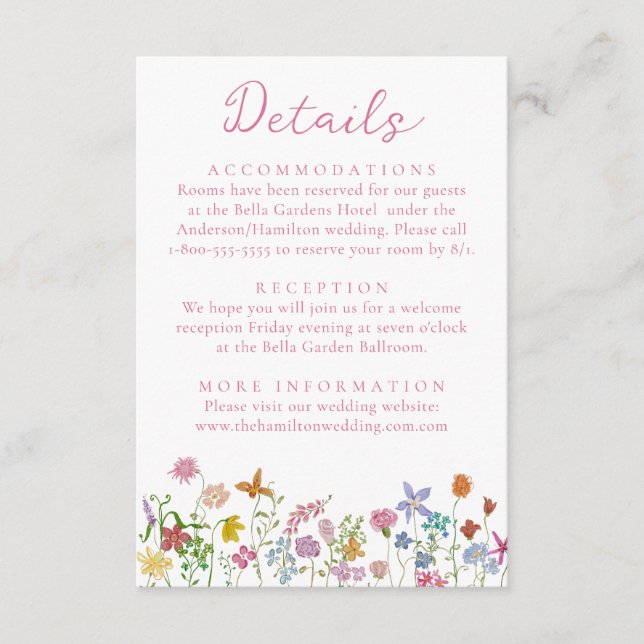 Whimsical Trädgård Vildblomma Bröllopsdetaljer Tilläggskort (Framsida)
