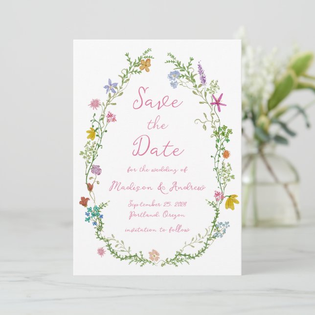 Whimsical Trädgårds Vildblomma Bröllop Spara Datumet (Stående Fram)