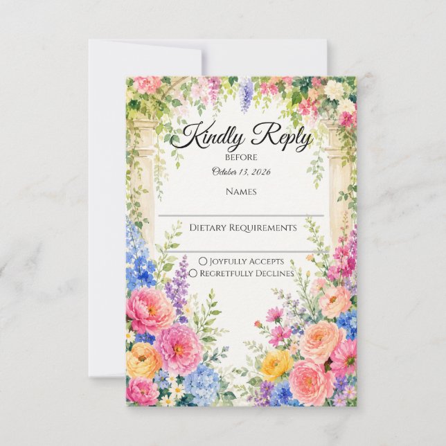Whimsical Trädgårdsbåge Blommor Bröllop OSA Kort (Framsida)