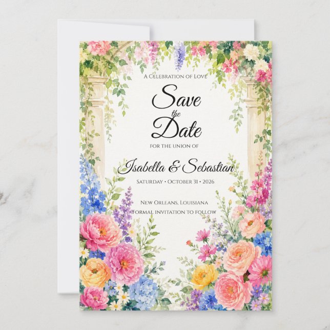 Whimsical Trädgårdsbåge Blommor Bröllop Spara Datumet (Framsida)