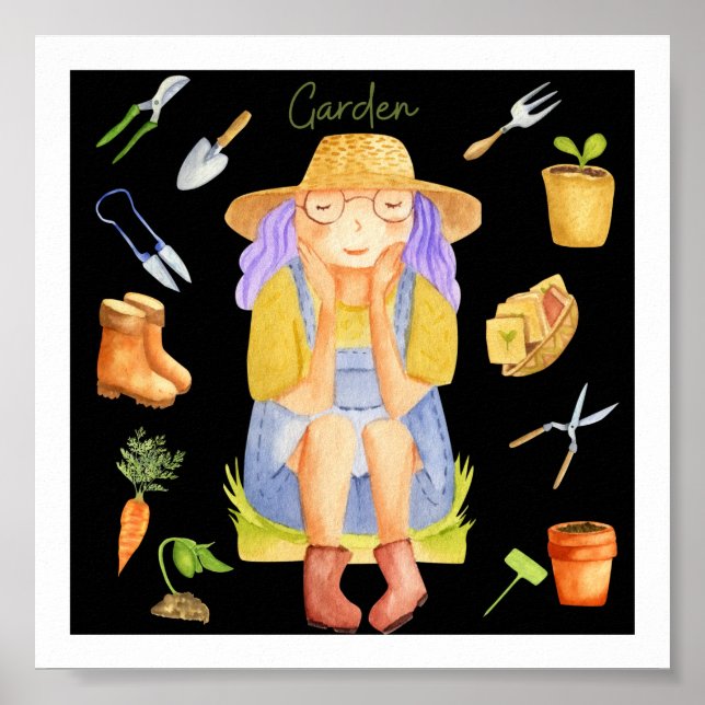 Whimsical Trädgårdsdam Vattenfärgskonst Poster (Framsidan)