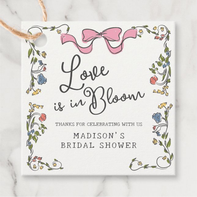 Whimsical Trädgårdsfest Blommig Doodle Bröllopsdus Gåvor Etiketter (Framsida)
