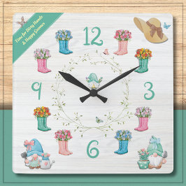 Whimsical Trädgårdstomte och Blommiga Stövlar Fyrkantig Klocka