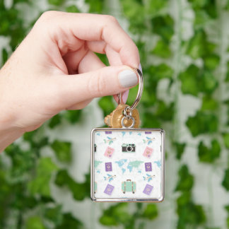 Whimsical Travel Doodle Keychain – Cute Adventure Fyrkantig Silverfärgad Nyckelring