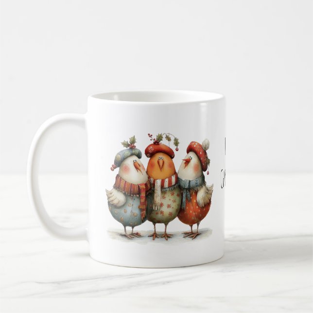 Whimsical Tre Franska Höns 12 Juldagarna 11oz Kaffemugg (Vänster)