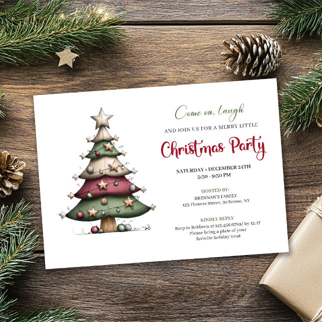 Whimsical tree classic red green Christmas invite Inbjudningar (Whimsical tree classic red green Christmas invite)