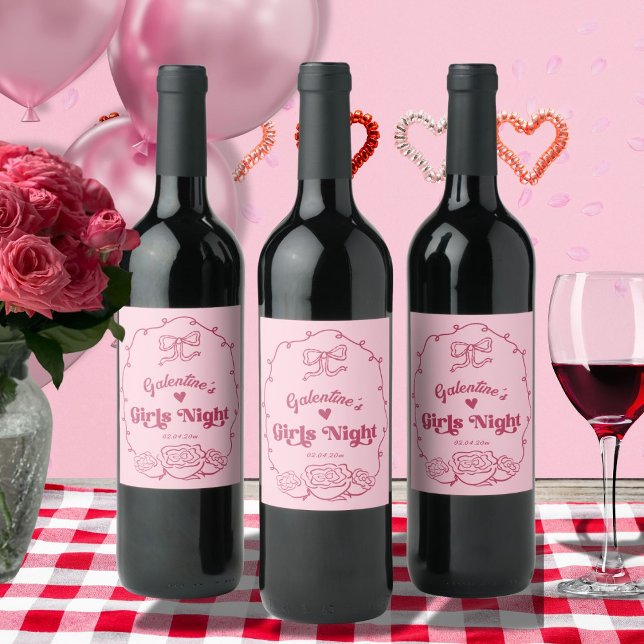 Whimsical Trendy Galentine's Girls Night Party Vinflaska Etikett (galentines day girls night out pink coquette whimsical wine bottles)