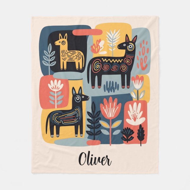 Whimsical Tribal Animals Floral Folk Art Fleecefilt (Framsidan)