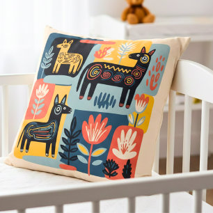 Whimsical Tribal Djur Blommig Folkkonst Kudde