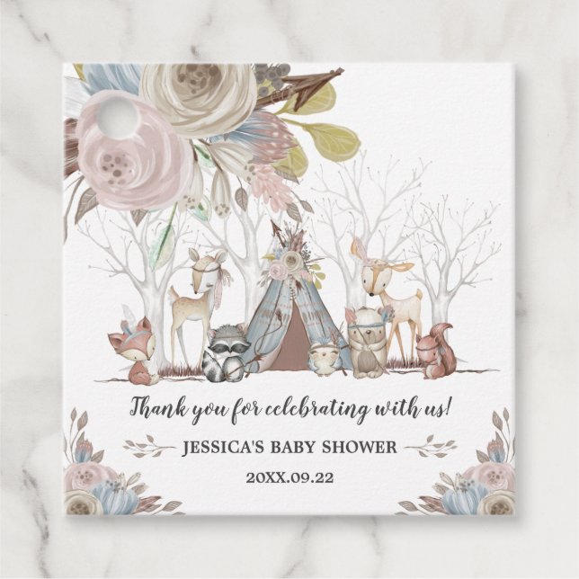 Whimsical Tribal Woodland Animals Baby Shower Girl Gåvor Etiketter (Framsida)