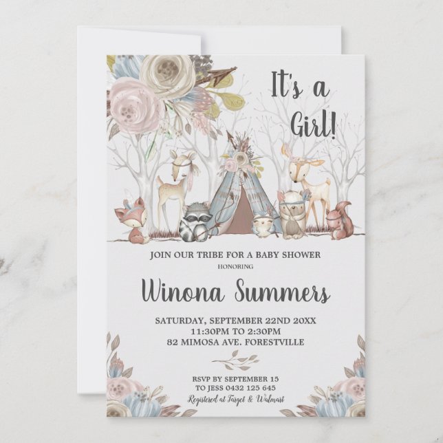Whimsical Tribal Woodland Animals Baby Shower Girl Inbjudningar (Framsida)