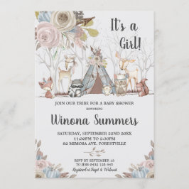 Whimsical Tribal Woodland Animals Baby Shower Girl Inbjudningar