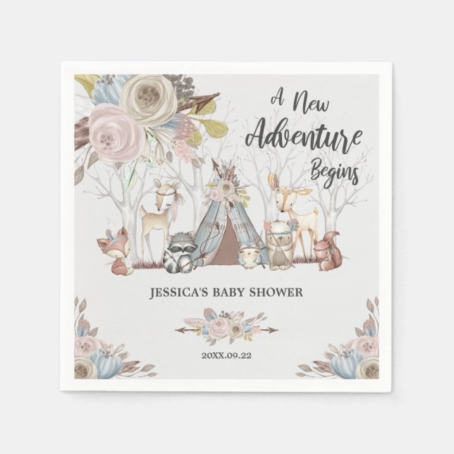 Whimsical Tribal Woodland Animals Baby Shower Girl Pappersservett (Framsidan)