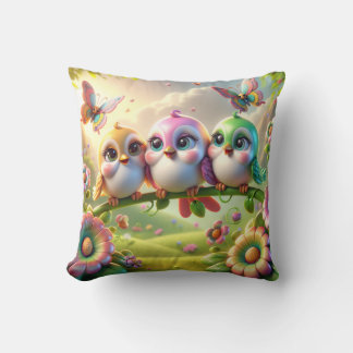 Whimsical Trio of Springtime Songbirds Kudde