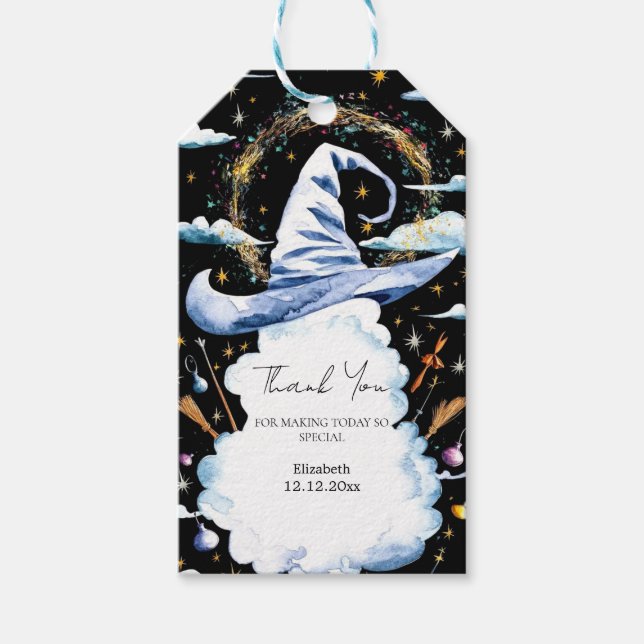 Whimsical Trollspö Wizard Hat Baby Shower Presentetikett (Framsidan)