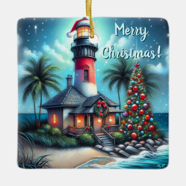 Whimsical Tropical Christmas Lighthouse Teal Red Julgransprydnad Keramik (Framsida)