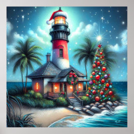 Whimsical Tropical Christmas Lighthouse Teal Red Poster