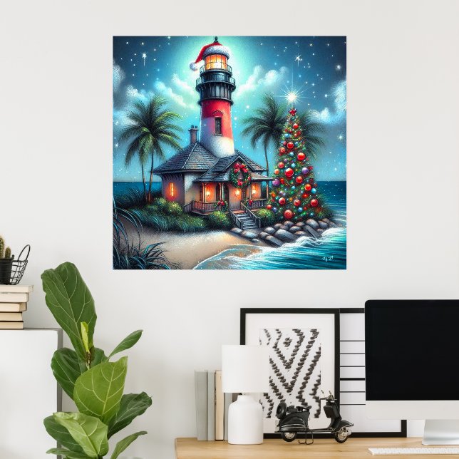 Whimsical Tropical Christmas Lighthouse Teal Red Poster (Hemmakontoret)