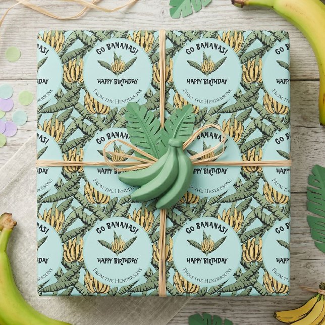 Whimsical Turkosfärgad Banan Presentpapper (Tropical banana leaves and banana fruit illustrated pattern hand-drawn in black ink on turquoise.)