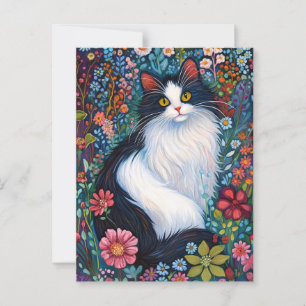 Whimsical Tuxedo Cat med jodblommor Vykort