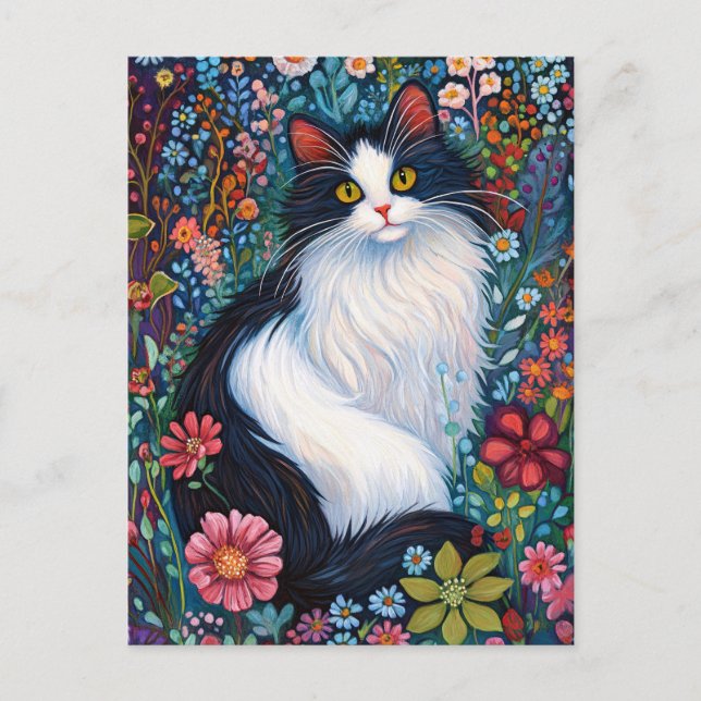 Whimsical Tuxedo Cat med jodblommor Vykort (Framsida)