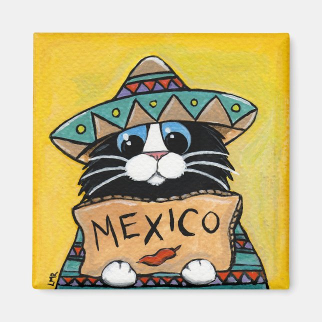 Whimsical Tuxedo Cat Mexican Hitchhiker Magnet (Framsidan)