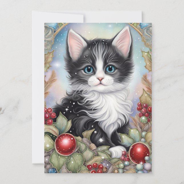 Whimsical Tuxedo Kitten Holly Berries Ram  Julkort (Framsida)
