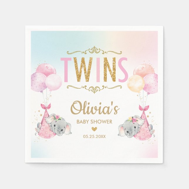 Whimsical Twin Girls Elephant Baby Shower Sprinkle Pappersservett (Framsidan)