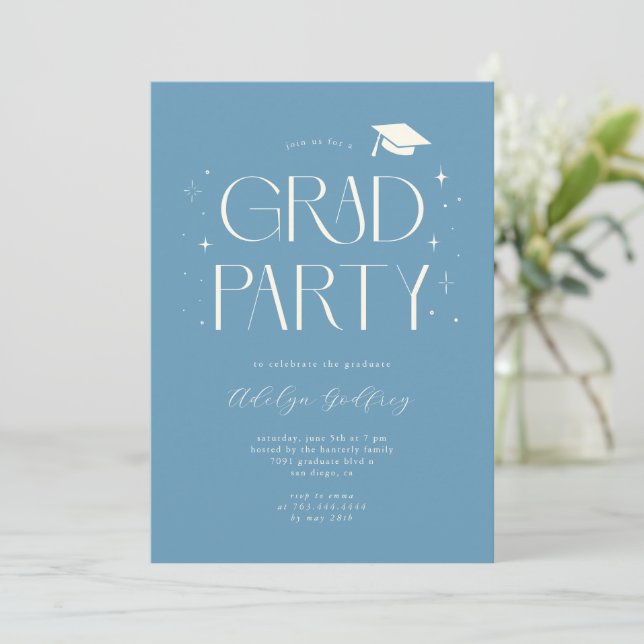 Whimsical typografi Denimblå studentfest Inbjudningar (Stående Fram)