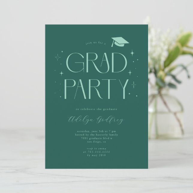 Whimsical typografi Grön Examenfest Inbjudningar (Stående Fram)