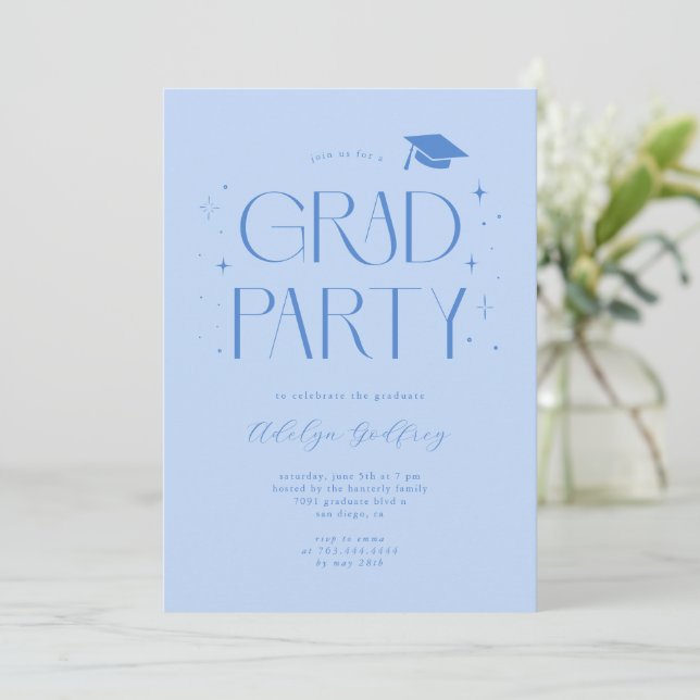 Whimsical typografi Icy Blue Examenfest Inbjudningar (Stående Fram)
