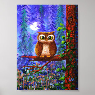 Whimsical Uggl Konst Skog Måne Creationarts Poster