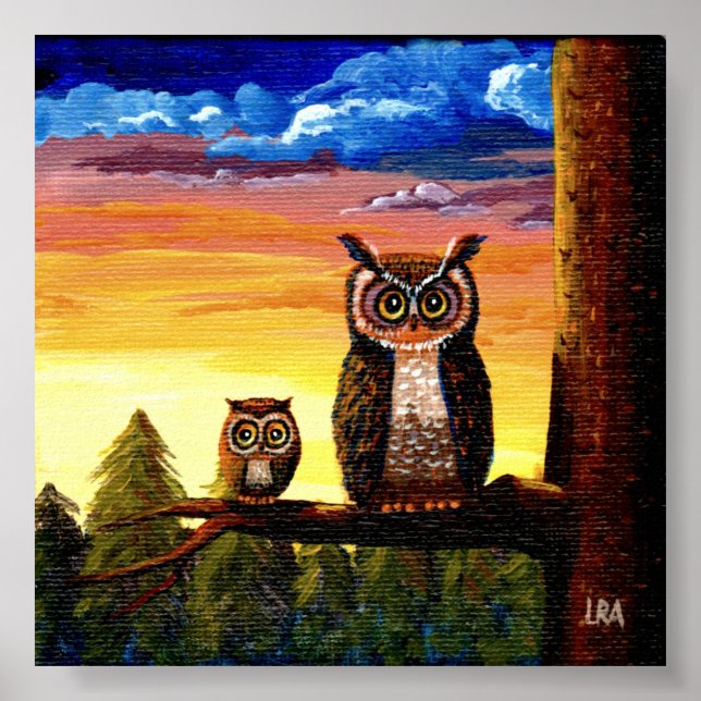 Whimsical Uggl Konst Skog Måne Creationarts Poster (Framsidan)