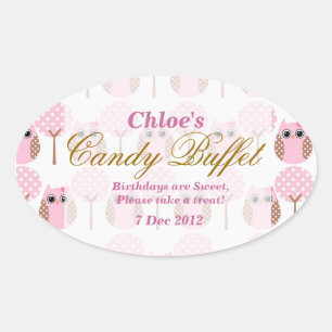 Whimsical Uggla Birthday Candy Buffet Sticker Ovalt Klistermärke
