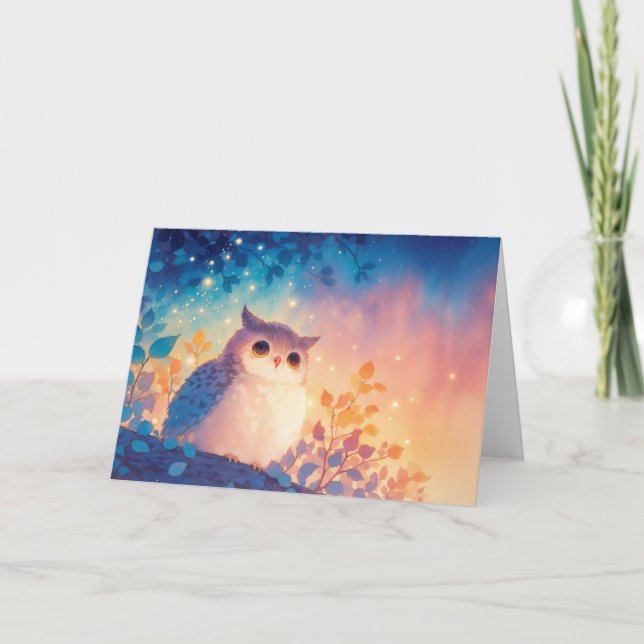 Whimsical Uggla Under En Stjärnklar Glow Kort (Framsida)