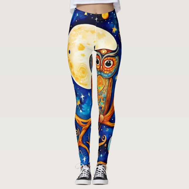 Whimsical Ugglas Celestials: Stjärnor, Måne, Plane Leggings (Framsida)